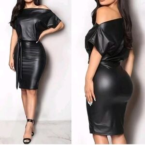 Chic Black Off-Shoulder Faux Leather Dress